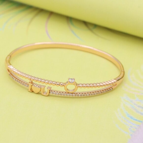 Dainty “I ❤️ U” Rose Gold Bangle with Diamond Ring Charm, XPBL0469 - Picture 2 of 10